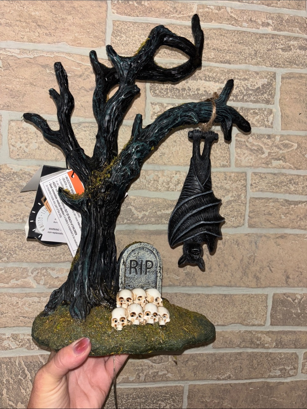 Halloween Tree Decor with Hanging Bat and Skulls - Black and Cream